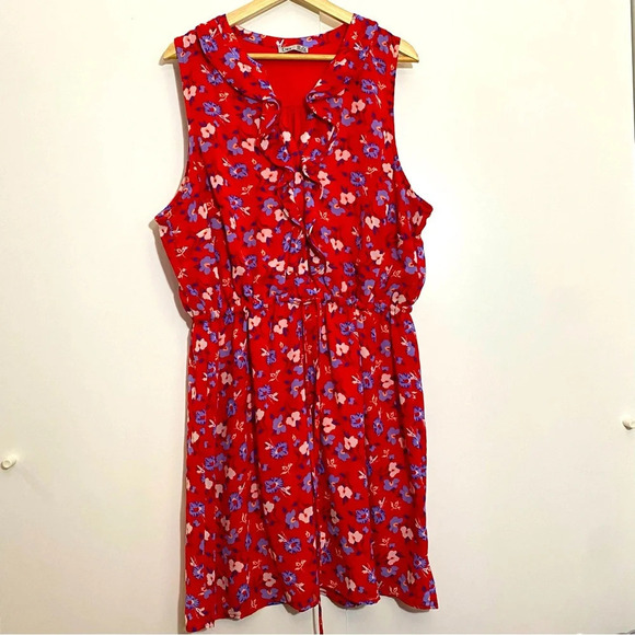 Dex women’s red floral sleeveless waist corded chest ruffled bohemian dress.  1X - Picture 1 of 9